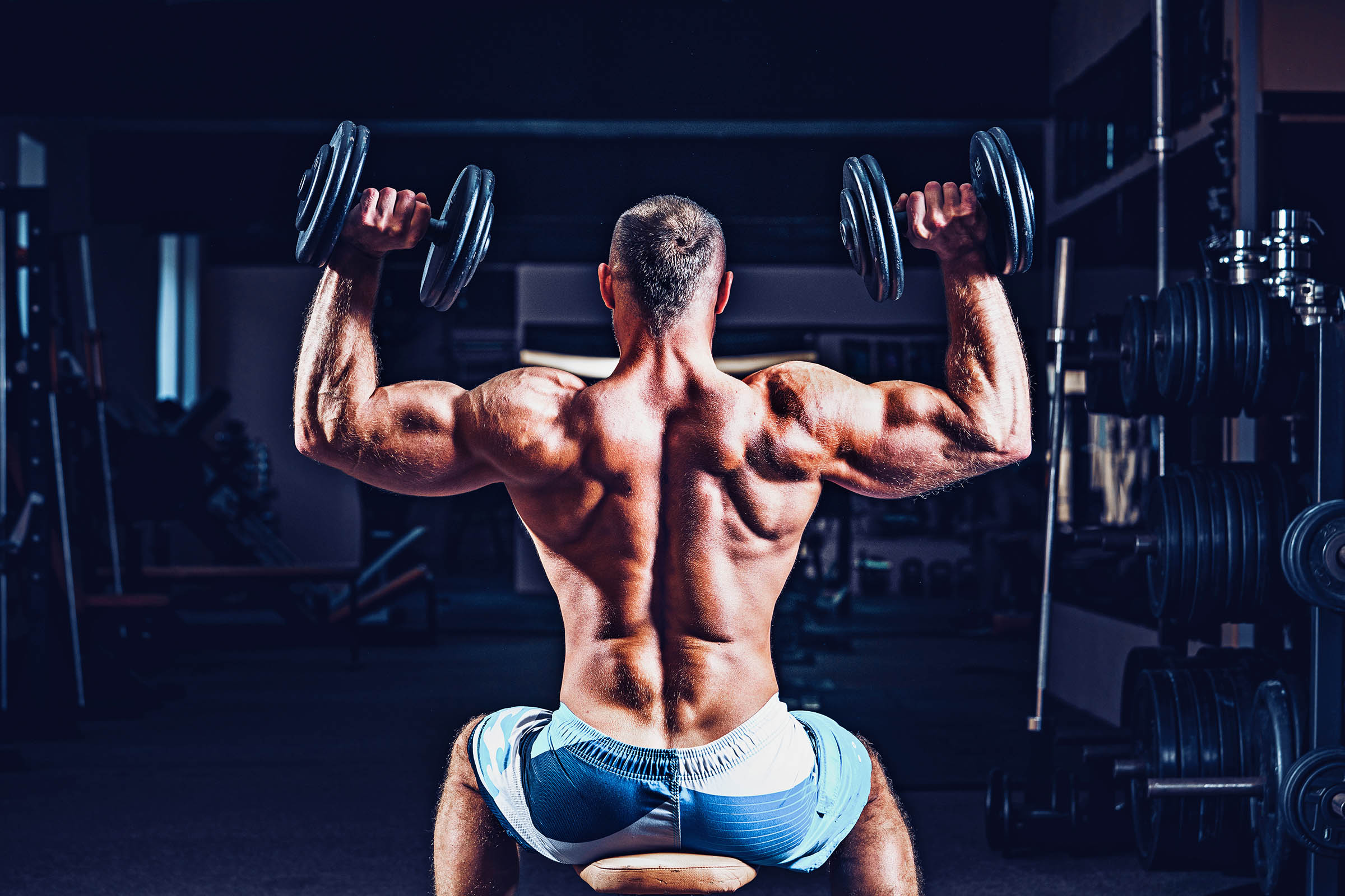 Muscular man training his shoulders with dumbbells in gym Back Workout Focusing on Lats